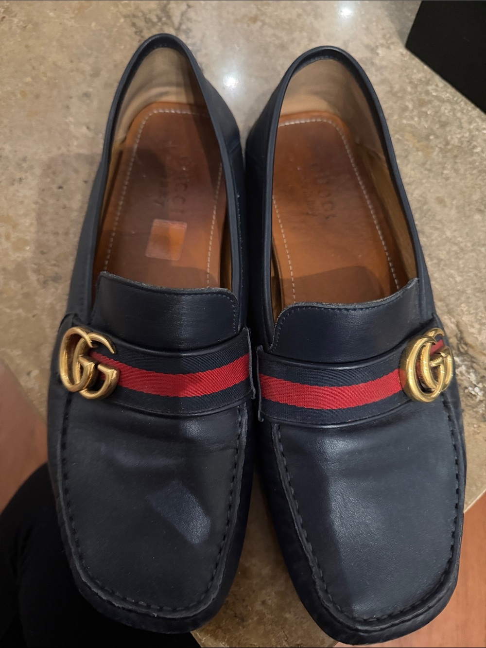 Gucci Men’s Navy Leather Loafers with Red Web Stripe
